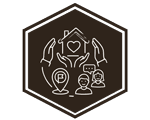 Hexagonal badge featuring hands shaping a heart above a lightbulb and three people, symbolizing care and teamwork.