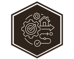 Hex badge icon with a gear, house outline, and connected nodes representing home engineering and automation.